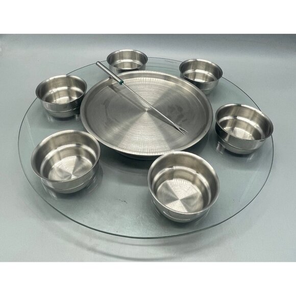 lazy Suzan condiment revolving snack tray metal center plate six holes hold READ - Picture 1 of 7